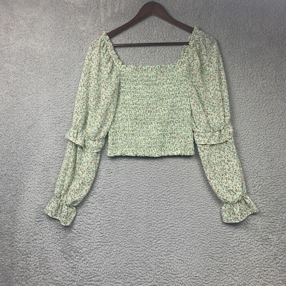 Wild Fable Top Womens S Green Floral Smocked Square Neck Long Sleeve Crop Y2K